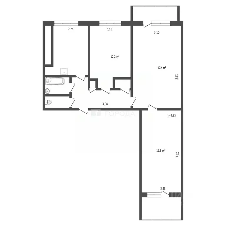 3-к кв. Кемеровская область, Новокузнецк ул. Косыгина, 29 (61.1 м) - Фото 2
