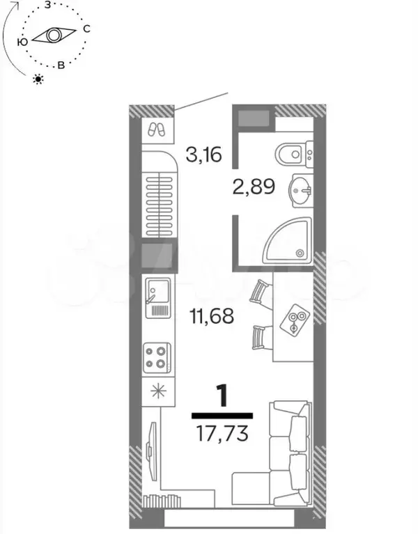 Квартира-студия, 17,7м, 2/16эт. - Фото 1