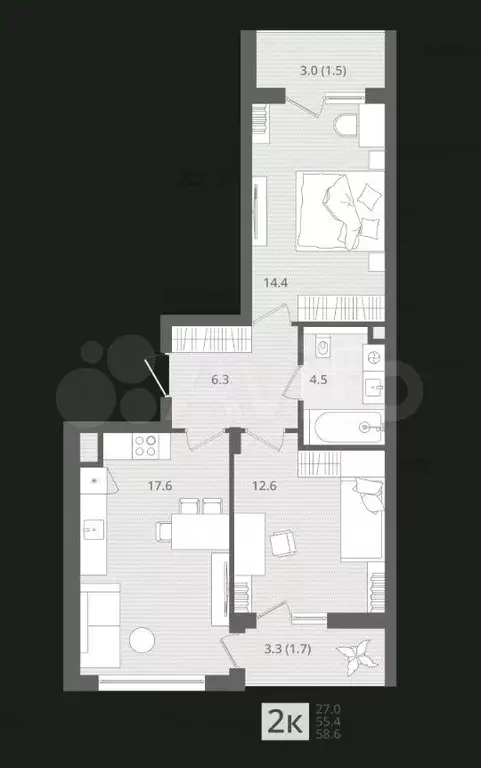 2-к. квартира, 58,6 м, 1/7 эт. - Фото 1