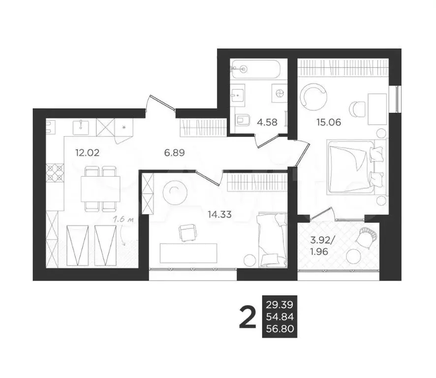 2-к. квартира, 54,8м, 4/4эт. - Фото 1