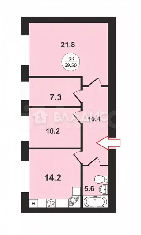 3-к. квартира, 69,5 м, 5/9 эт. - Фото 0