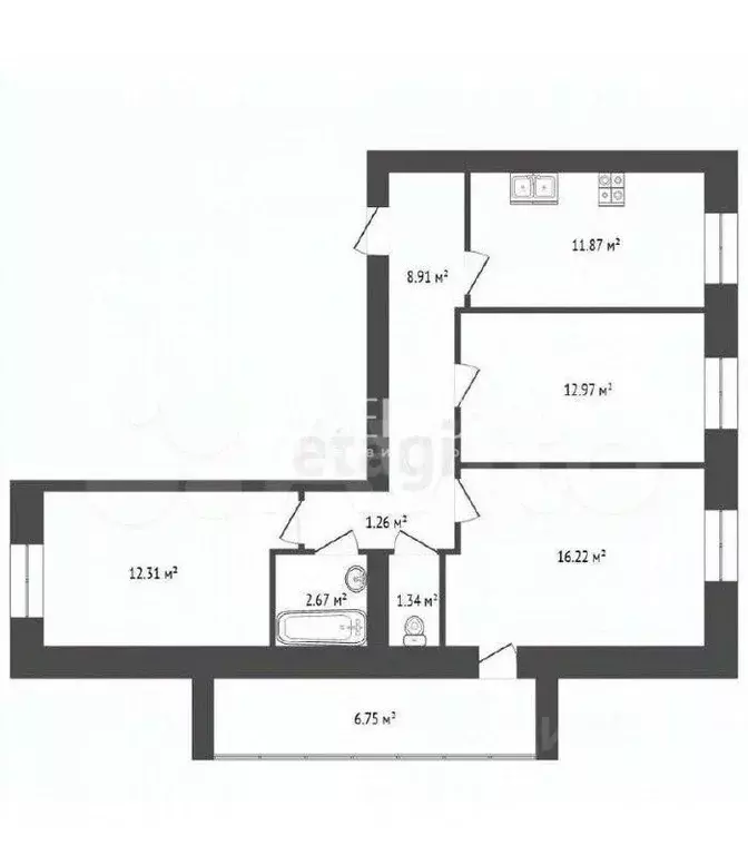 3-к кв. Костромская область, Кострома Костромская ул., 108А (69.0 м) - Фото 2