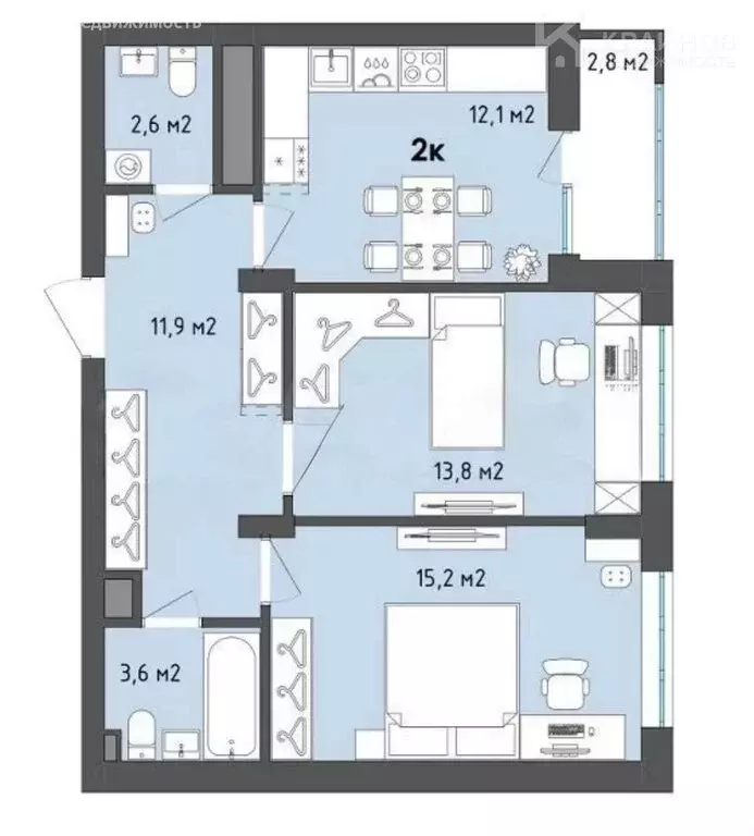 2-комнатная квартира: Воронеж, бульвар Содружества, 1 (60.6 м) - Фото 1