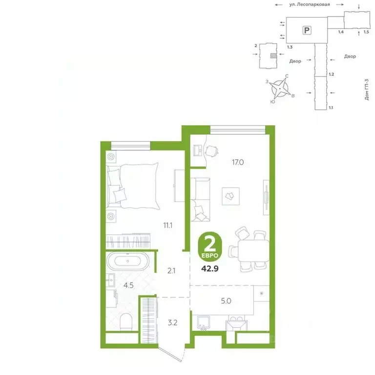 2-к кв. Тюменская область, Тюмень ул. Лесопарковая, 20 (42.9 м) - Фото 1