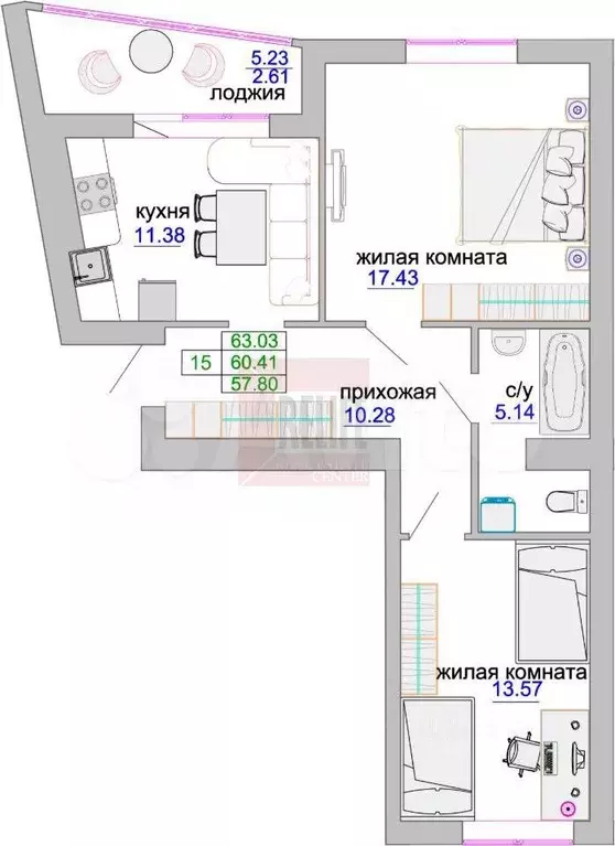 2-к. квартира, 61,4 м, 5/9 эт. - Фото 0