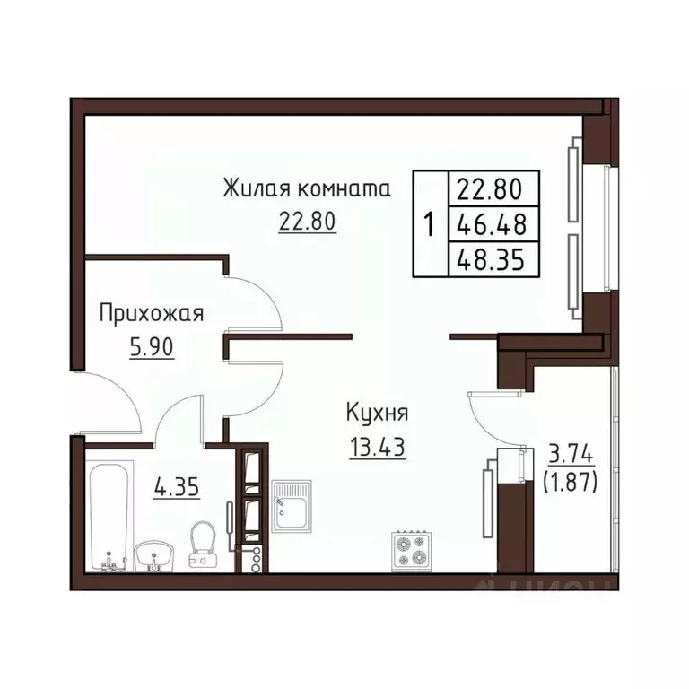 1-к кв. Орловская область, Орел ул. Левый Берег реки Оки, 21к1 (48.35 ... - Фото 0