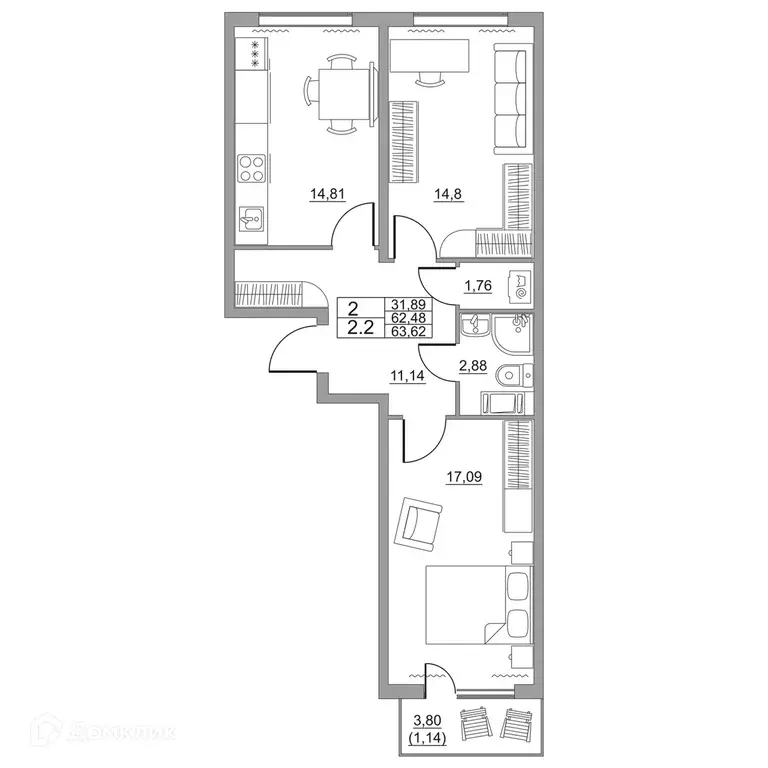 Продаётся 2-к квартира, 63.62 м - Фото 1
