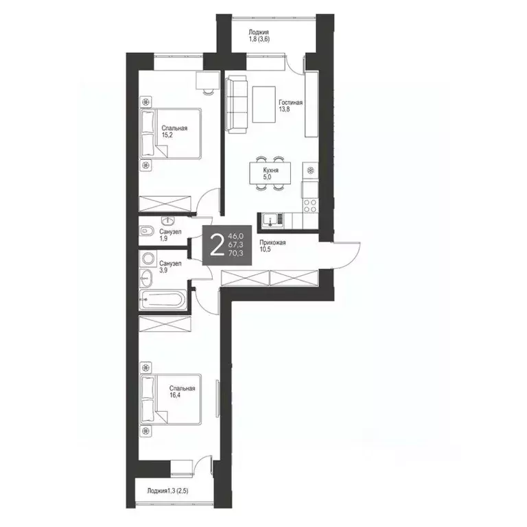 2-к кв. Татарстан, Альметьевск ул. Гафиатуллина, 60 (70.3 м) - Фото 1