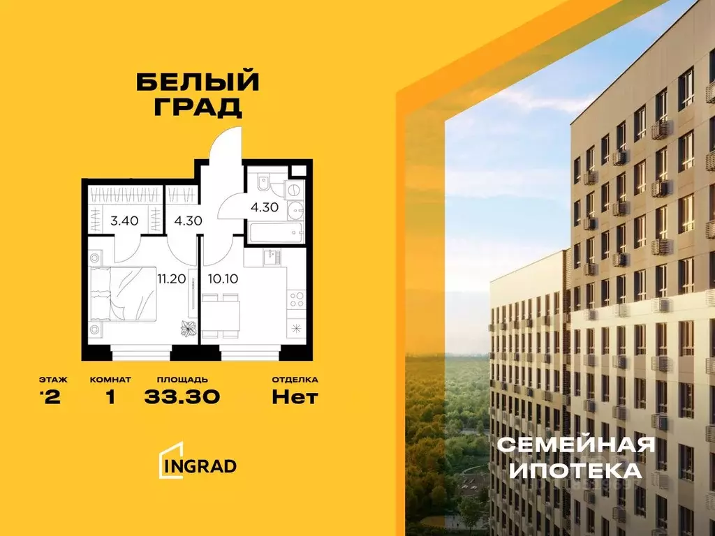 1-к кв. Московская область, Мытищи Белый Grad жилой комплекс (33.3 м) - Фото 0