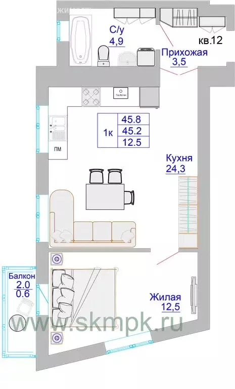 1-комнатная квартира: Калининград, Печатная улица, 49 (45.8 м) - Фото 0