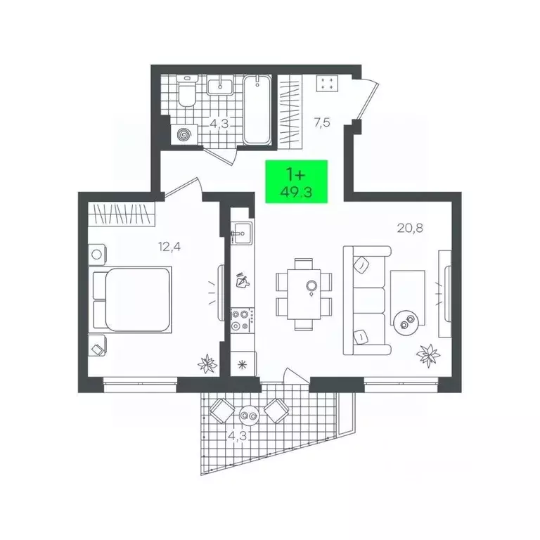 1-к кв. Тюменская область, Тюмень Комарово Парк жилрайон,  (49.3 м) - Фото 1