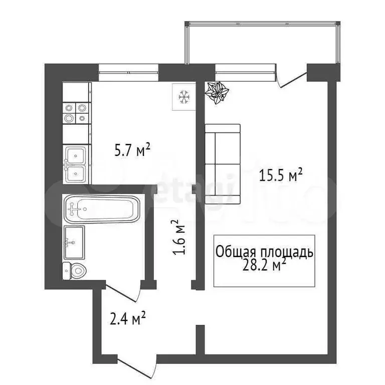 1-к. квартира, 28,2 м, 4/5 эт. - Фото 1