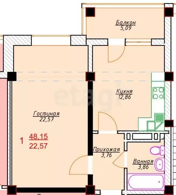 1-комнатная квартира: Каспийск, Молодёжная улица, 8 (50 м) - Фото 1