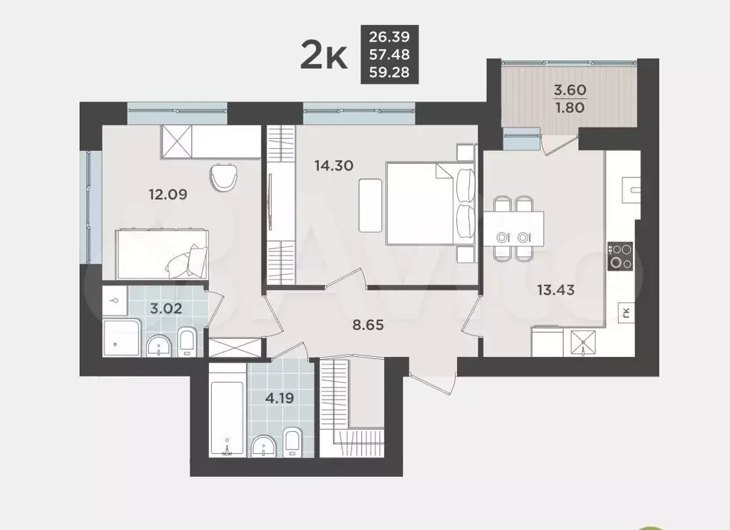 2-к. квартира, 57,5 м, 3/9 эт. - Фото 1