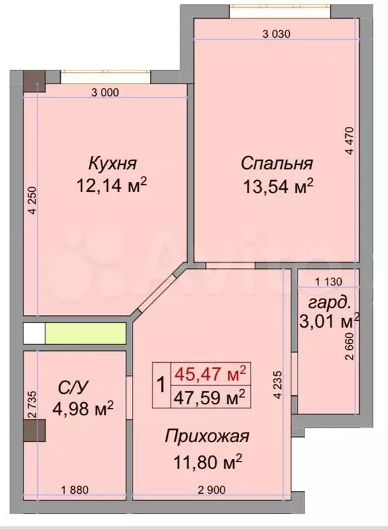 1-к. квартира, 47,6 м, 6/8 эт. - Фото 0