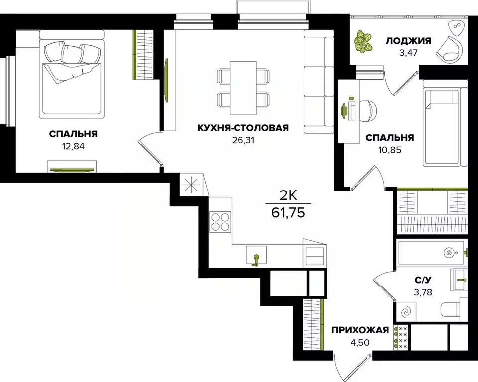 2-к кв. Тульская область, Тула  (61.75 м) - Фото 0
