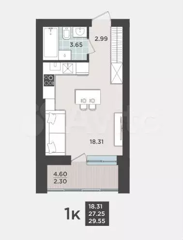Квартира-студия, 27,3 м, 9/9 эт. - Фото 1