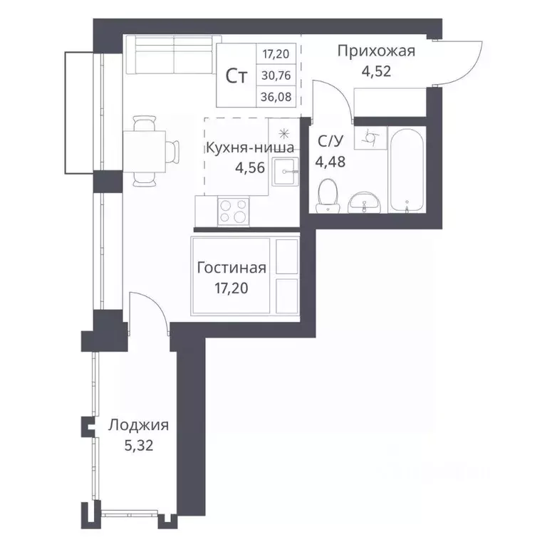 Студия Новосибирская область, Новосибирск Игарская ул., 40/1 (30.76 м) - Фото 0