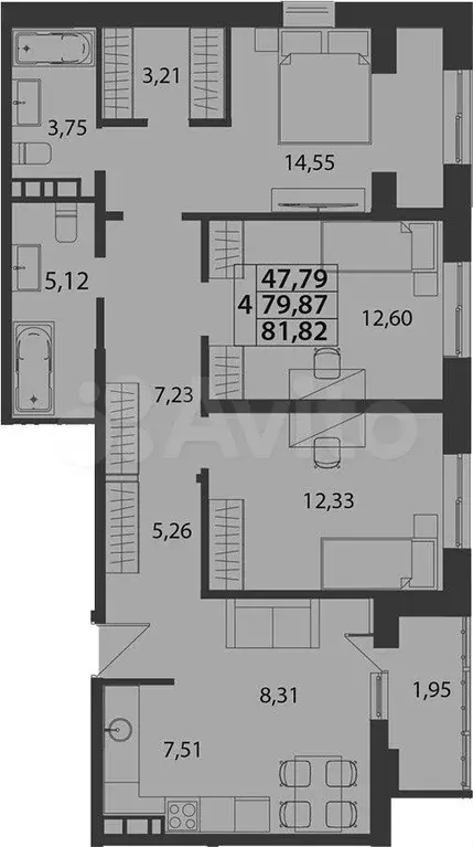 3-к. квартира, 81,8 м, 2/7 эт. - Фото 1