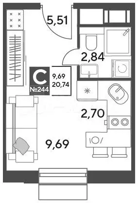 квартира-студия, 20,7 м, 9/12 эт. - Фото 0