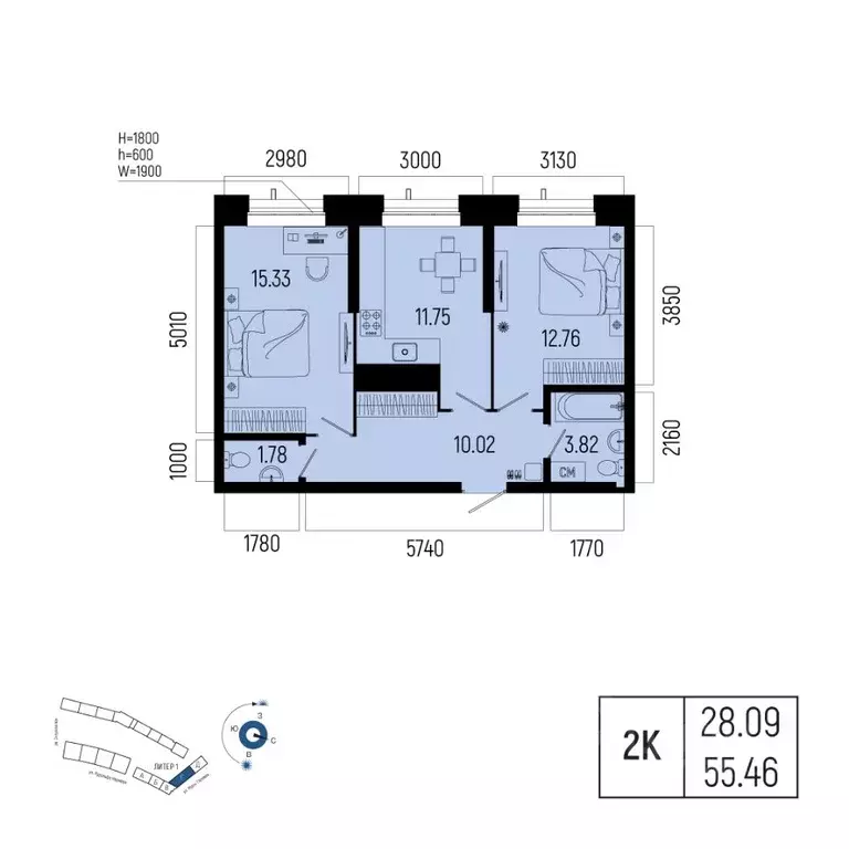 2-к кв. Башкортостан, Уфа Глумилино-1 мкр, Новатор жилой комплекс ... - Фото 1