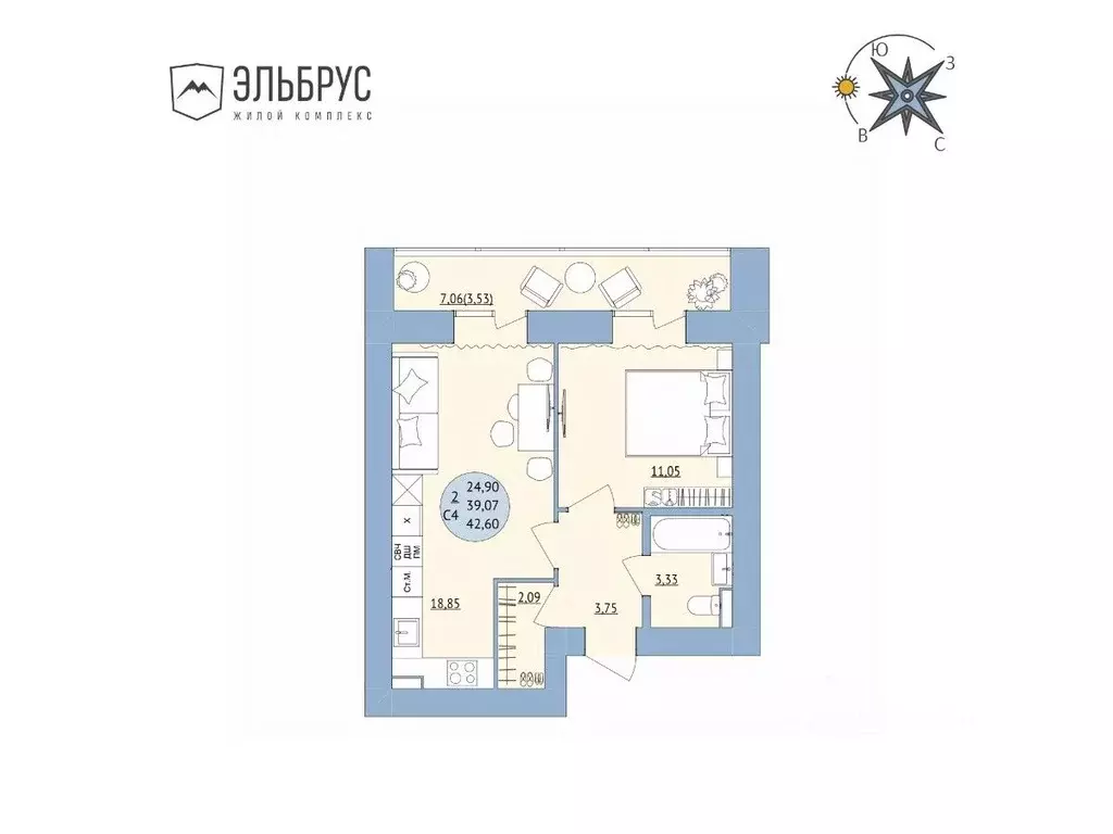 2-к кв. Башкортостан, Уфа Кавказская ул., 24 (42.6 м) - Фото 1