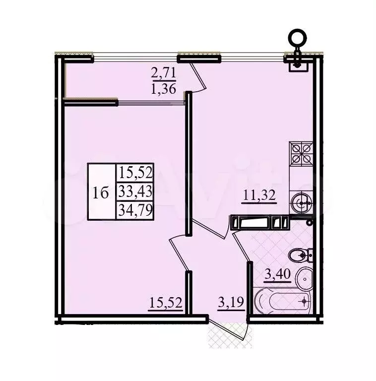 1-к. квартира, 34,8 м, 6/12 эт. - Фото 0