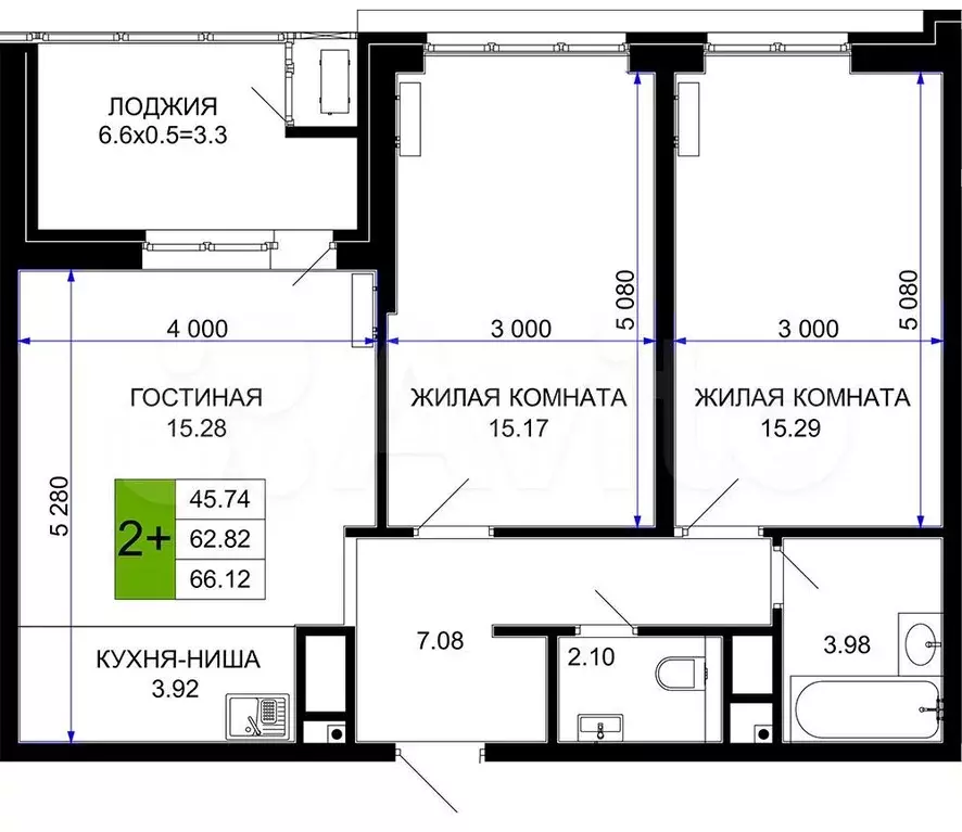 2-к. квартира, 66,1 м, 16/16 эт. - Фото 0