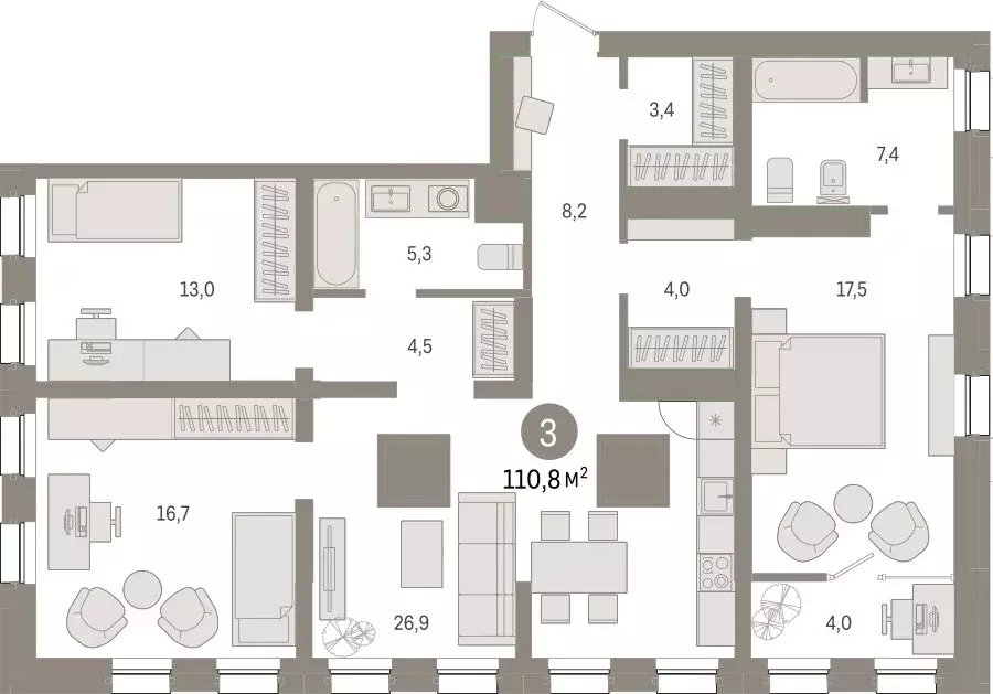 3-комнатная квартира: Тюмень, Мысовская улица, 26к1 (110.82 м) - Фото 1