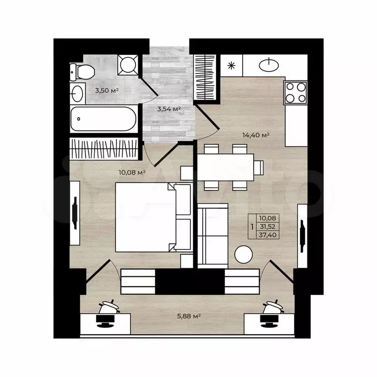 1-к. квартира, 37,4 м, 5/9 эт. - Фото 0