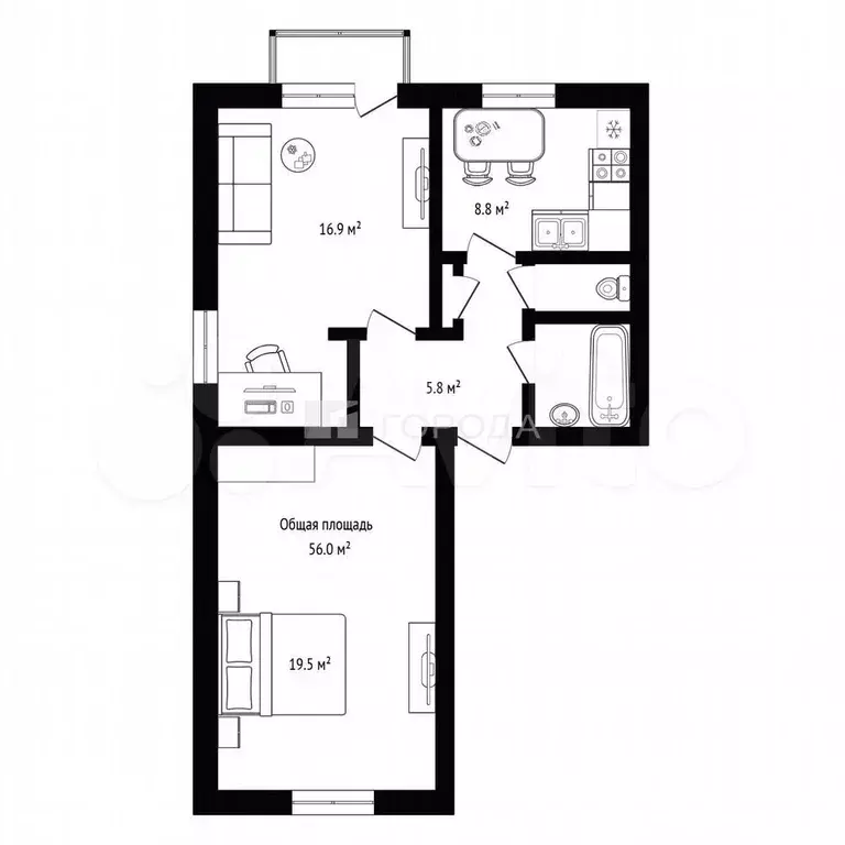 2-к. квартира, 56 м, 4/5 эт. - Фото 0