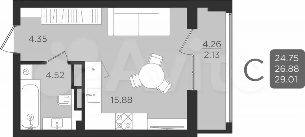Квартира-студия, 26,9 м, 5/9 эт. - Фото 1