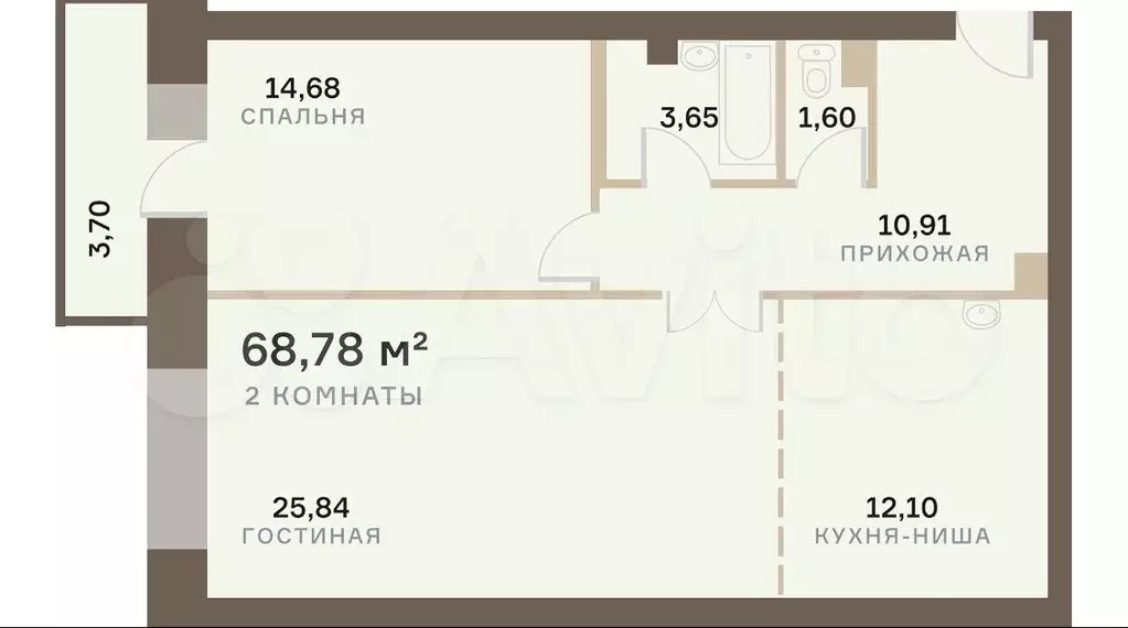 2-к. квартира, 69,6 м, 4/8 эт. - Фото 0