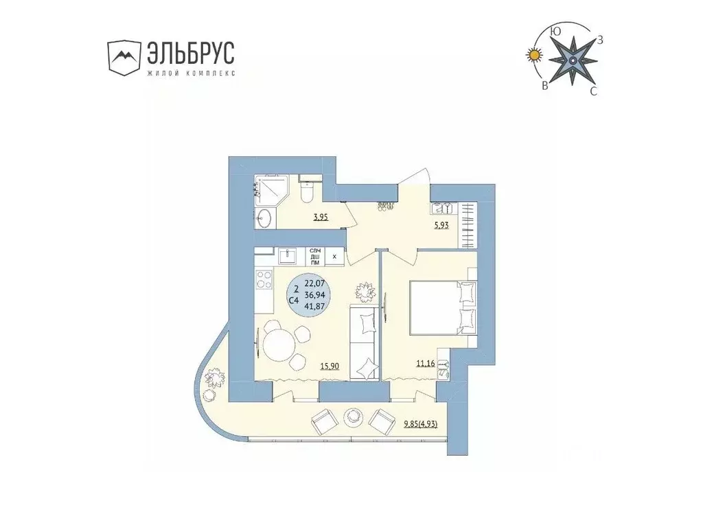 2-к кв. Башкортостан, Уфа Кавказская ул., 24 (41.87 м) - Фото 0