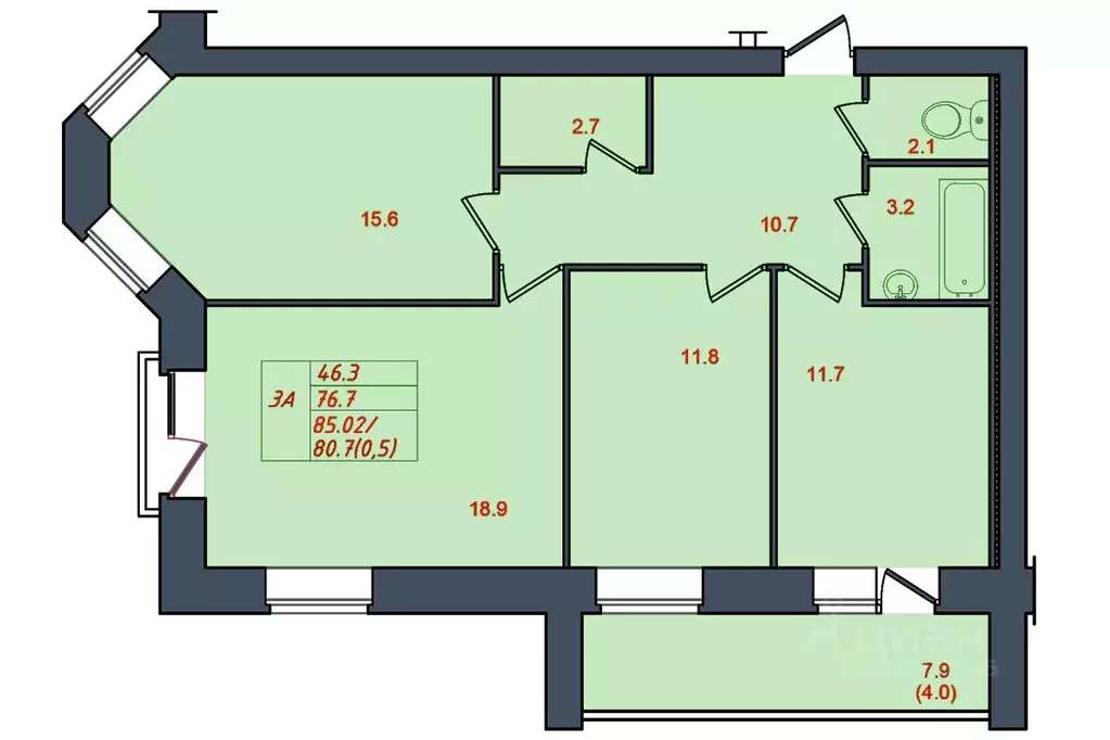 3-к кв. Вологодская область, Вологда Архангельская ул., 2 (80.7 м) - Фото 1