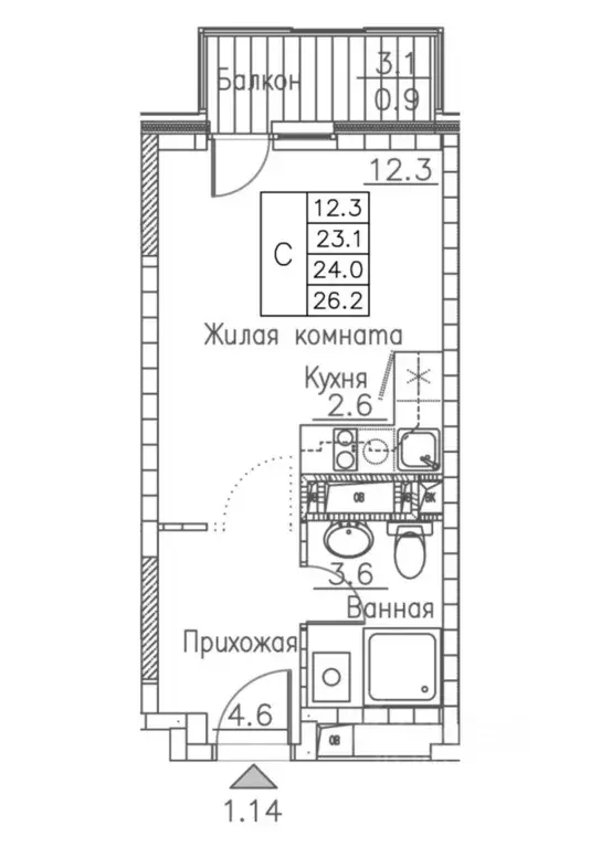 Студия Приморский край, Владивосток Гринхилс жилой комплекс (26.2 м) - Фото 0