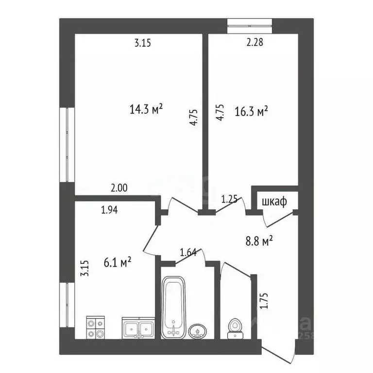 2-к кв. Вологодская область, Сокольский муниципальный округ, Кадников ... - Фото 2