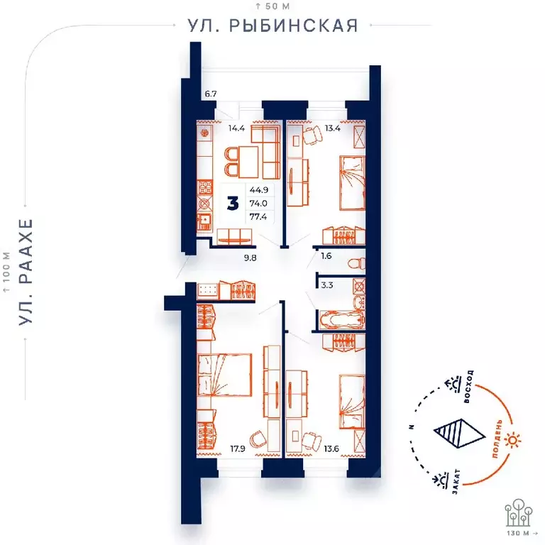 3-к кв. вологодская область, череповец ул. раахе, 68 (77.4 м) - Фото 0