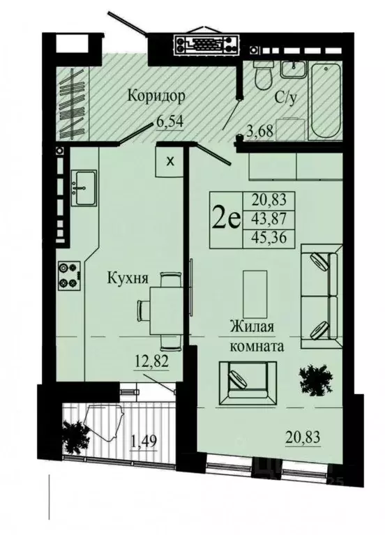 Квартира, 1 комната, 43.3 м - Фото 1