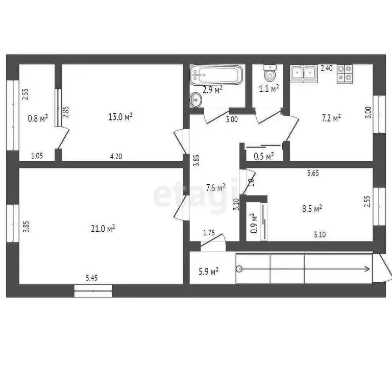 3-комнатная квартира: посёлок Октябрьский, улица 60 лет СССР, 16 (60.9 ... - Фото 1