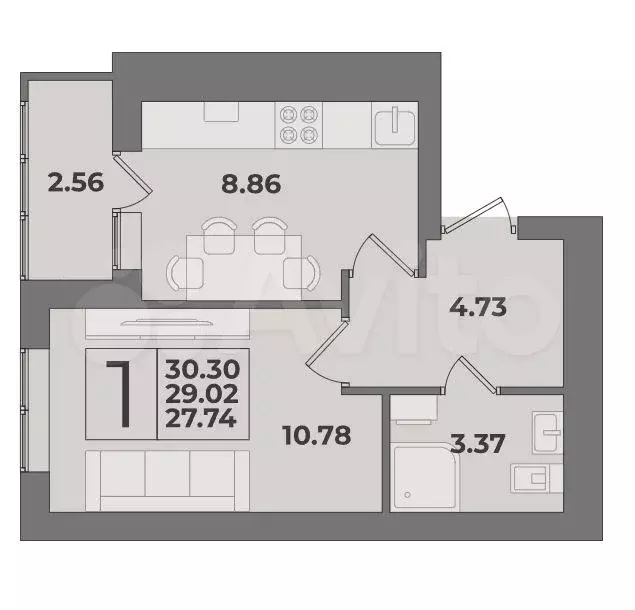 1-к. квартира, 29 м, 3/9 эт. - Фото 1