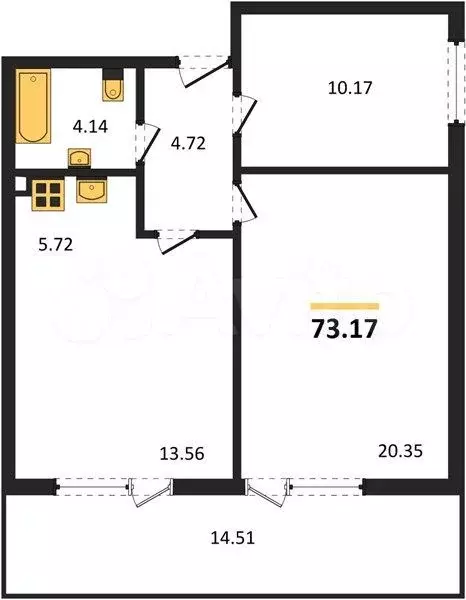 2-к. квартира, 73,2 м, 1/9 эт. - Фото 1