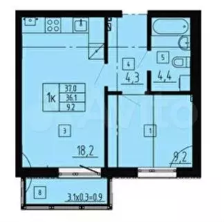 1-к. квартира, 37 м, 2/8 эт. - Фото 1