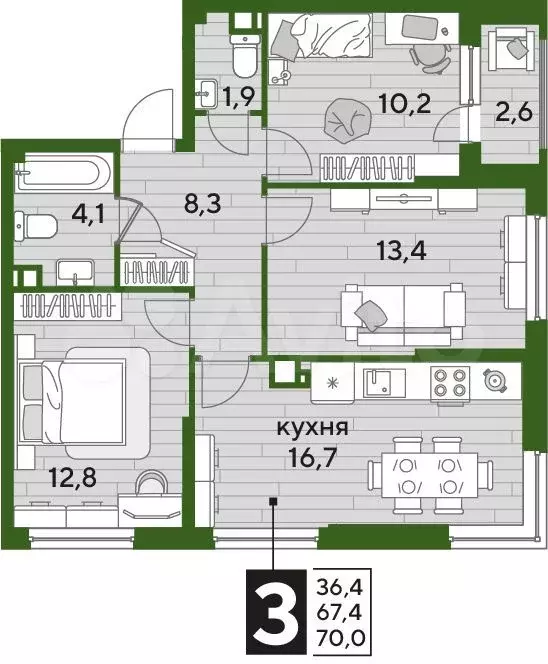 3-к. квартира, 70 м, 4/19 эт. - Фото 1