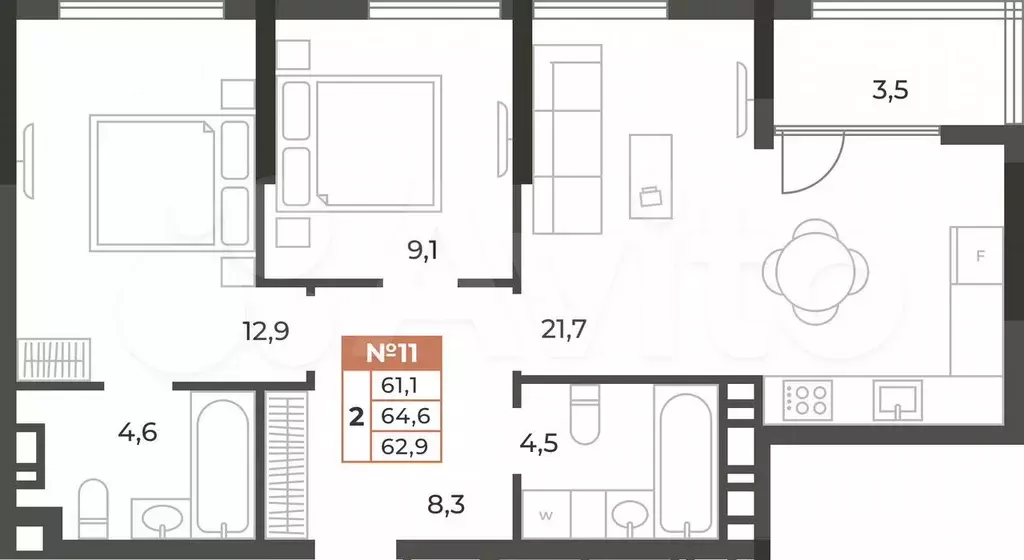 2-к. квартира, 62,9 м, 3/8 эт. - Фото 0