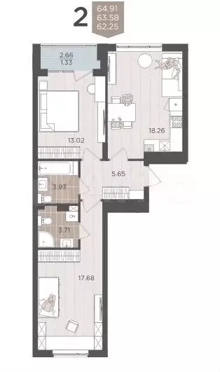 2-к. квартира, 63,6 м, 1/9 эт. - Фото 1