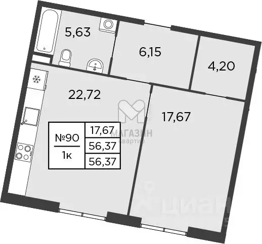 1-к кв. Санкт-Петербург просп. Бакунина, 33 (56.37 м) - Фото 2