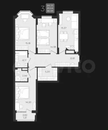 3-к. квартира, 85,6 м, 4/9 эт. - Фото 1