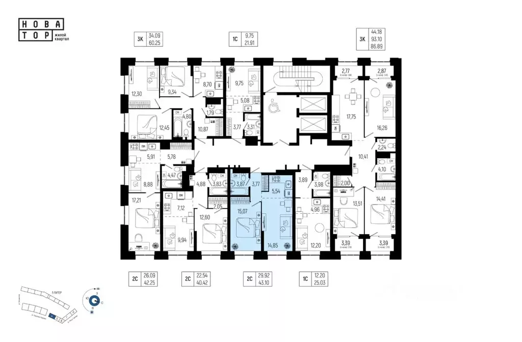 2-к кв. Башкортостан, Уфа Глумилино-1 мкр, Новатор жилой комплекс ... - Фото 1