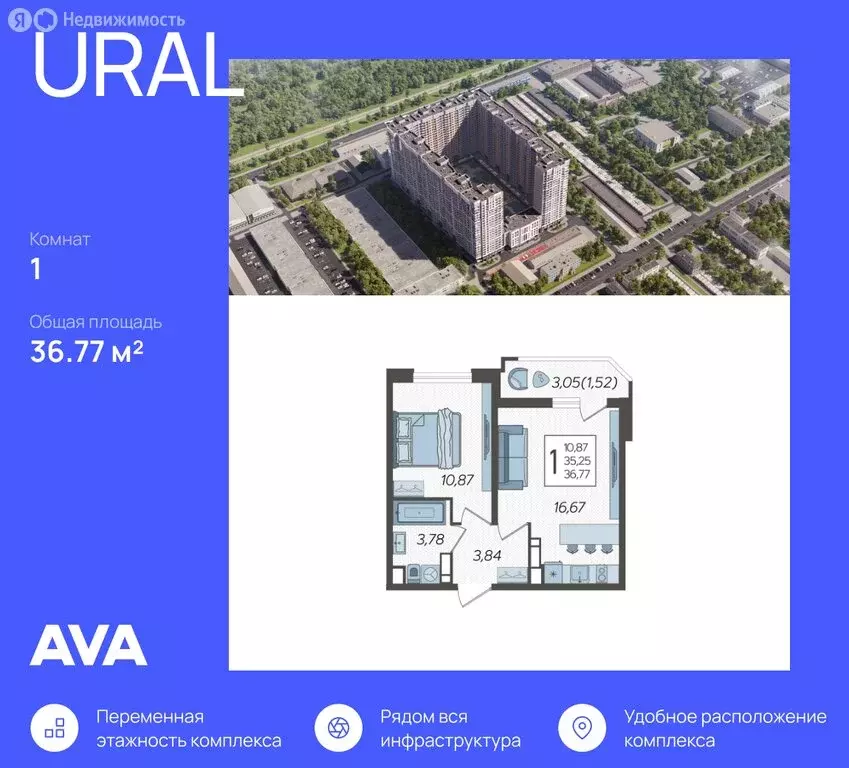 1-комнатная квартира: Краснодар, Уральская улица, 87/7 (36.77 м) - Фото 0